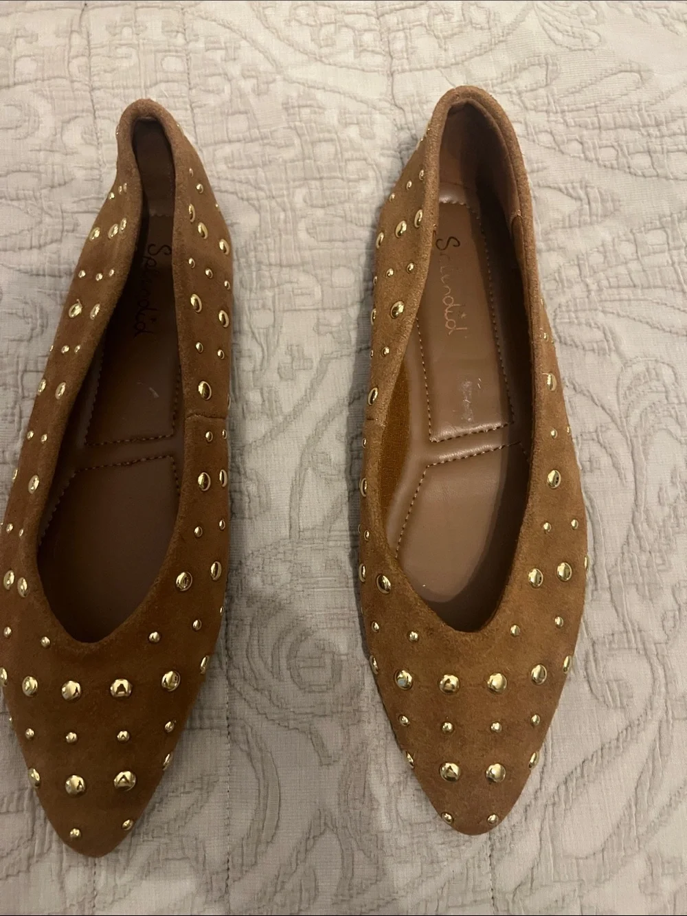 Splendid Tan Suede Pointed-Toe Flats with Gold Studs